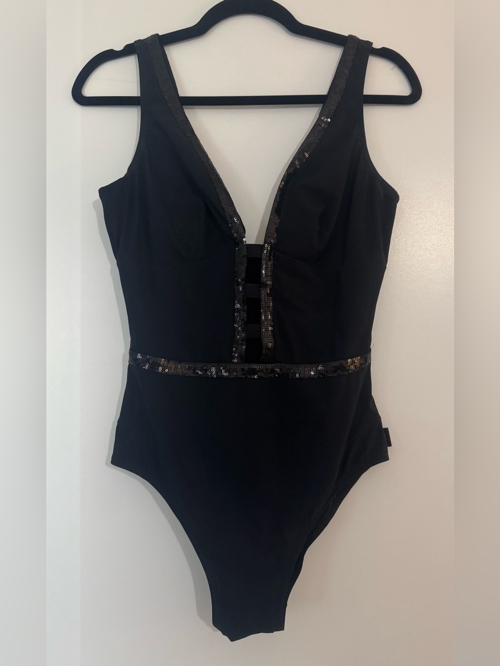 SHAN Black Sequin Cutout One-Piece Swimsuit Size 12 | Luxury Swimwear